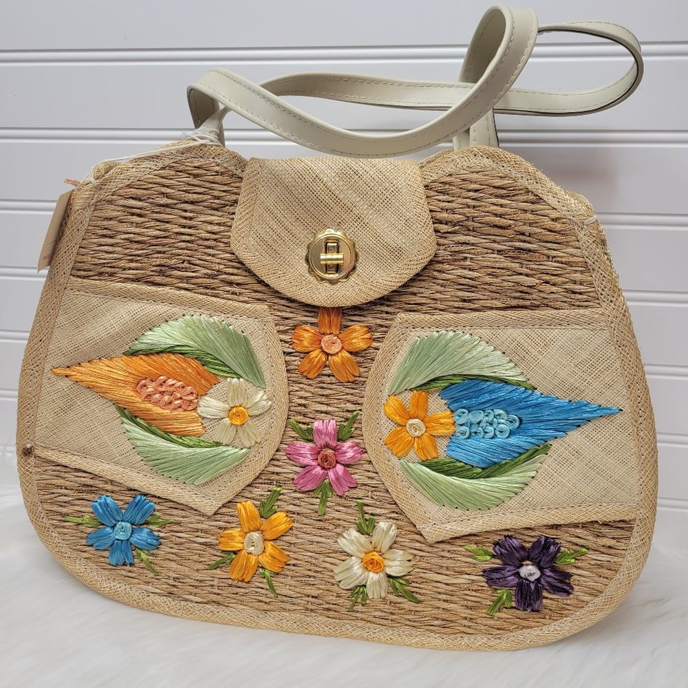 VTG 60s Straw Raffia Purse - Bags By Whidby Embroidered Flowers NWT 14.5"x11"x4"
